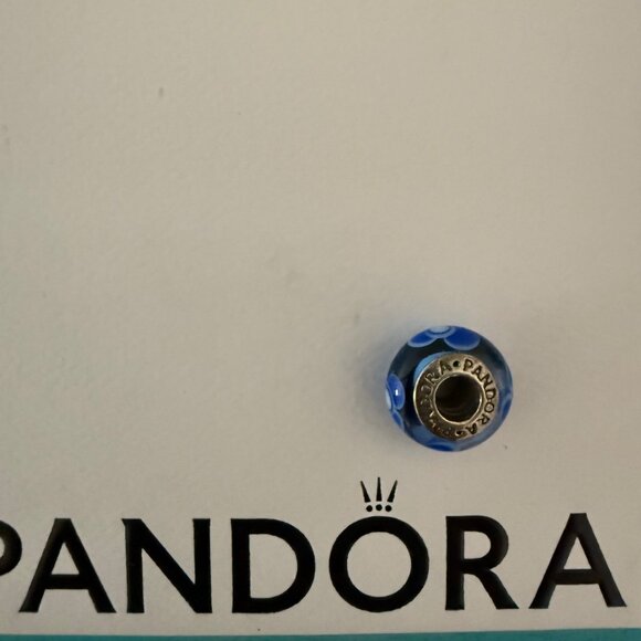 Retired Pandora Blue & White Floral Murano Glass Charm Bead Sterling Silver S 92 - Picture 3 of 4